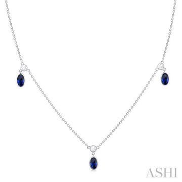 5x3 MM Oval Shape Sapphire and 1/8 Ctw Round Cut Diamonds Precious Station Necklace in 10K White Gold